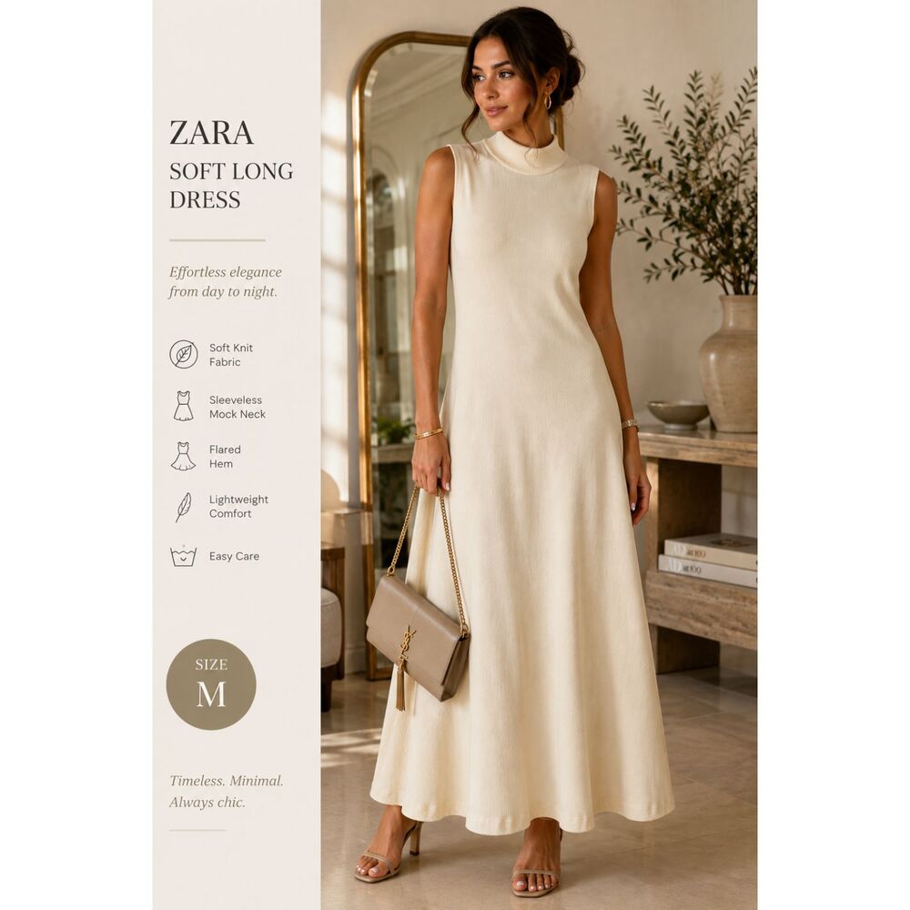 Zara NWT cream knit sleeveless mock neck maxi dress size M